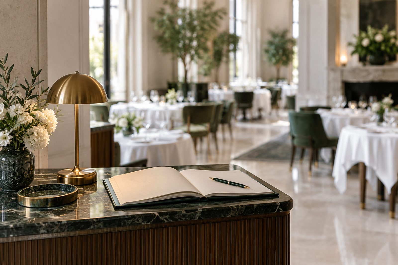 A host stand with a brass lamp and an open reservation book at the entrance of a dining room